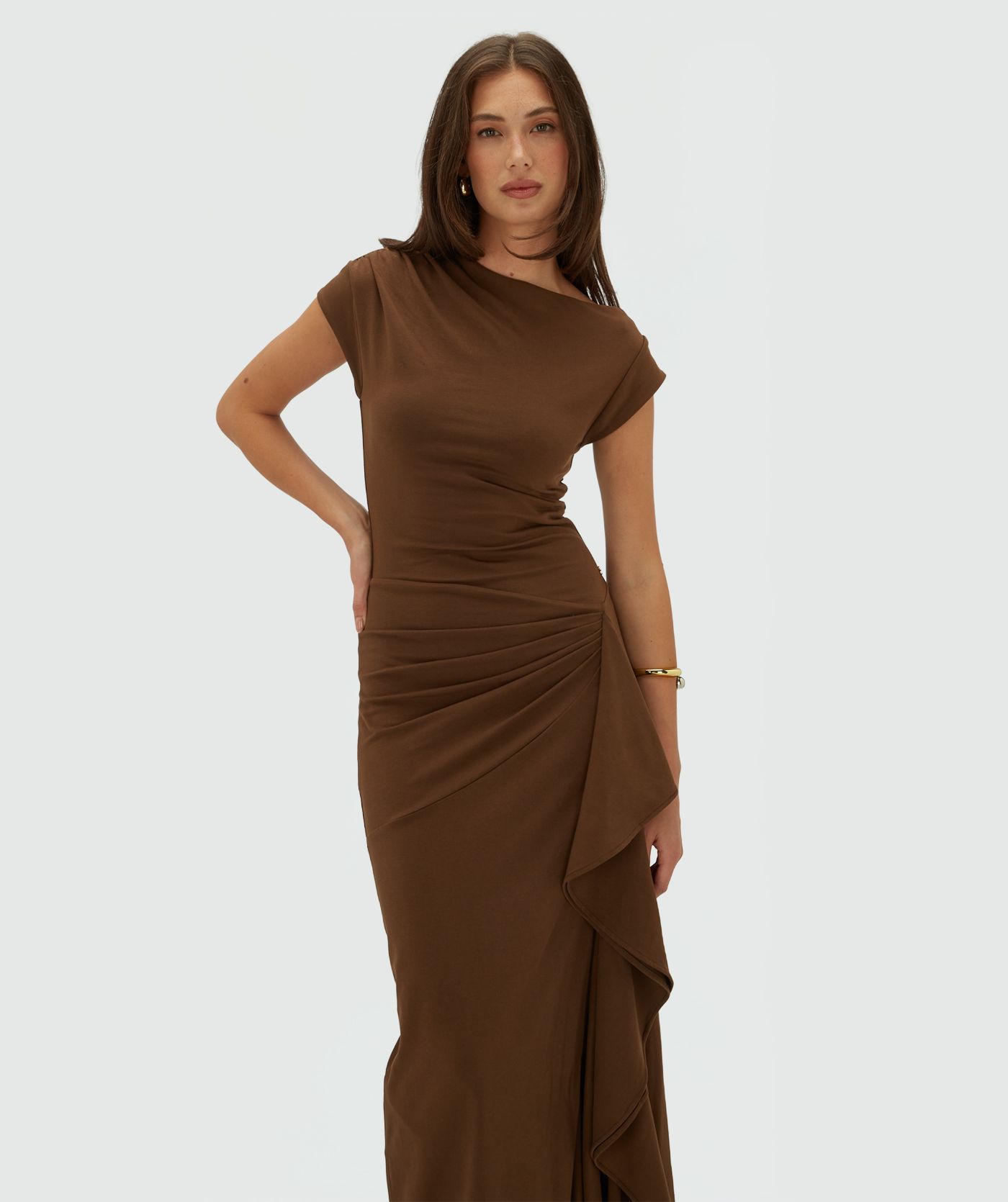 JV-ZYLAS slim fit maxi jurk met ruffles - brown