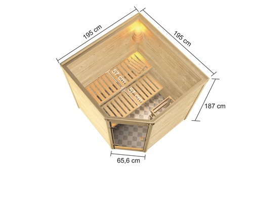 Karibu Tida blokhutsauna zonder kachel en dakrand, met gebronsde volledig glazen deur