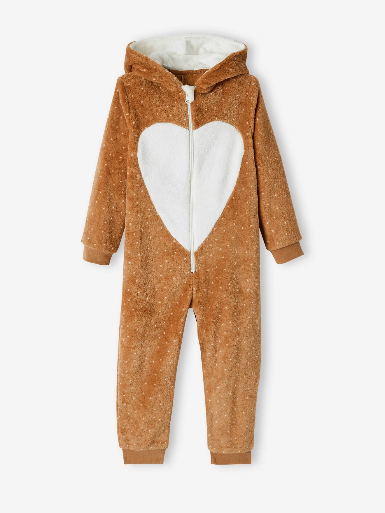 Pijama macacão raposa, marrom claro liso com estampas, infantil.