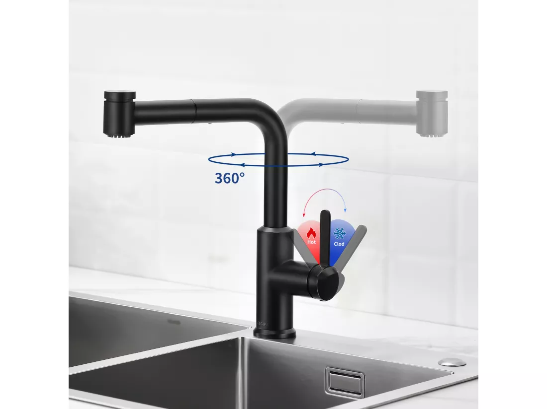 2PCS CECIPA MAX Mitigeur de Cuisine avec Douchette Extractible, Robinet d'évier Noir, Robinet d'eau Chaude et Froide, 2 Modes de Sortie D'eau