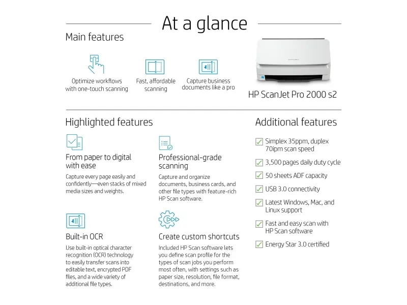 HP Scanjet Pro 2000 s2 Sheet-feed - Dokumentscanner - Duplex - 216 x 3100 mm - 600 dpi x 600 dpi - op til 35 ppm (mono) - ADF (50 ark) - op til 3500 scanninger pr. dag - USB 3.0