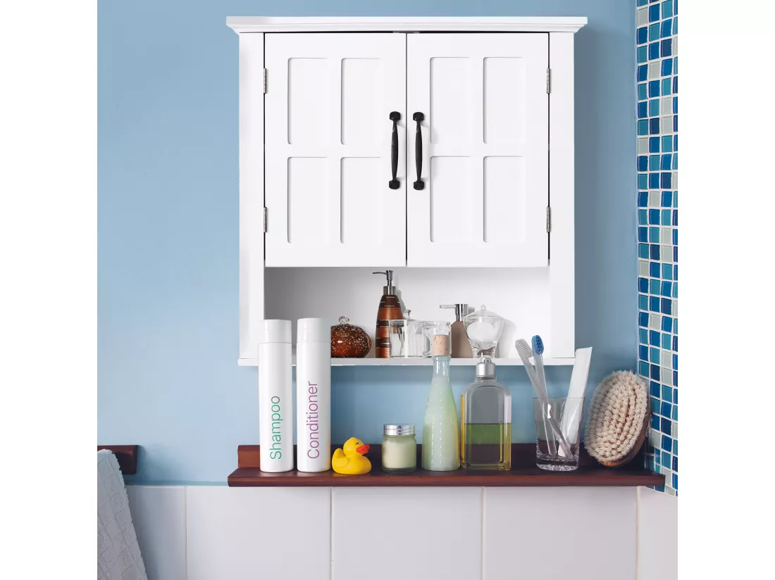 Armoire haute murale de salle de bain ou WC placard 2 portes 2 étagères niche dim. 60L x 20l x 58H cm MDF panneaux particules blanc
