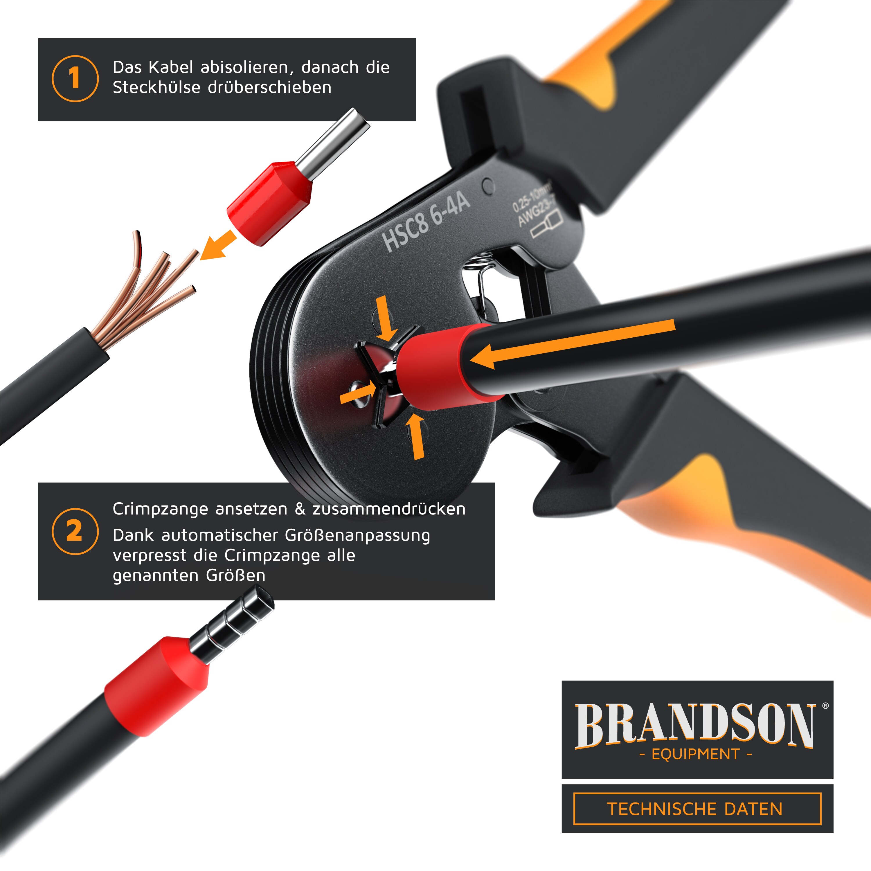 Brandson Crimpzange inkl. 1200 Aderendhülsen- Set - Profi Isolierhülsen Sortiment - Aderendhülsenzange - 0,25 mm2-10mm2