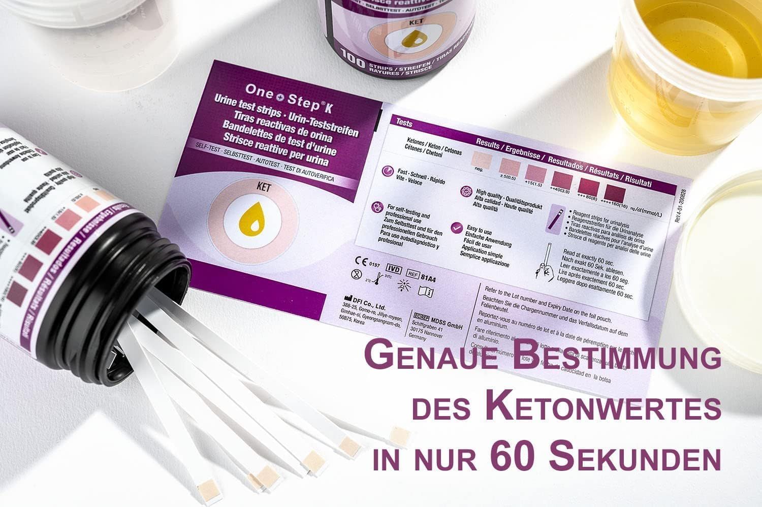 One+Step Keton Teststreifen + Referenzfarbkarte - Urintest - Ketose - ketogene Diät