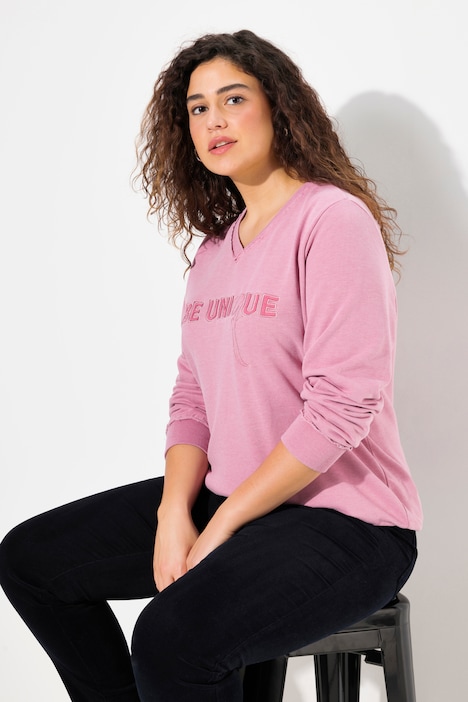 Sweat-Pullover, Schriftzug, V-Ausschnitt, Langarm