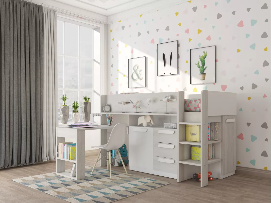 Lit combiné 90 x 200 cm - Avec bureau et rangements - Blanc et naturel + Matelas - LOUKALA