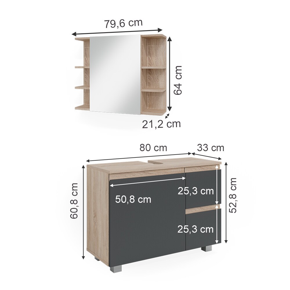 Vicco Badmöbelset J-shape Sonoma Anthrazit modern Badezimmer Schrank Badschrank Waschtischunterschrank Spiegelschrank Schranktür Schrankschublade Aufbewahrung