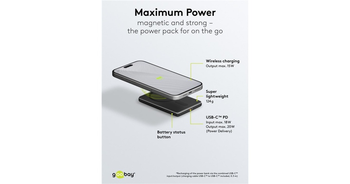 goobayMagnetische draadloze powerbank 5.000 mAh  (Zwart, 1x USB-C + Draadloos opladen, Power Delivery)