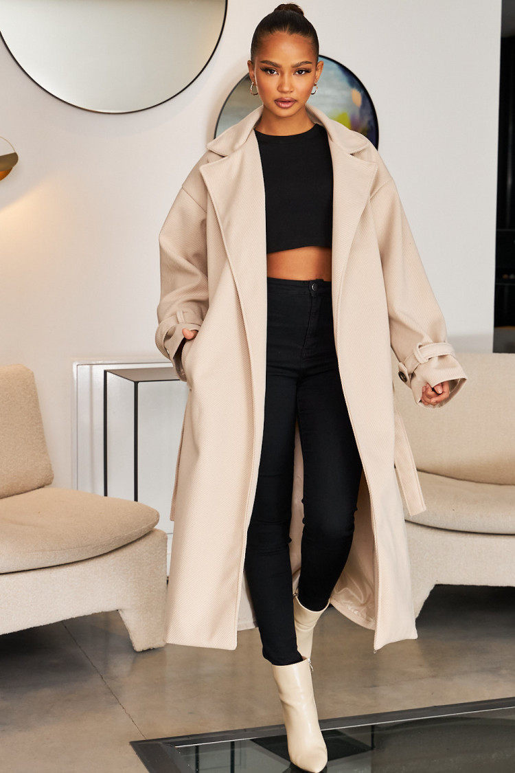 Manteau épais long côtelé style trench écru