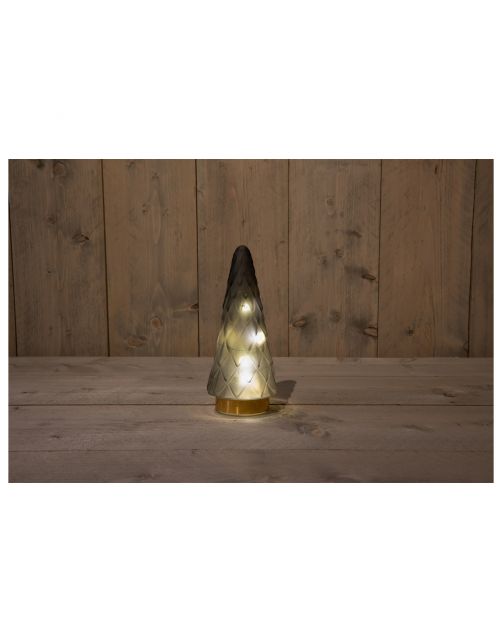 Anna's Collection Glazen Boom Met Gouden Voet - Kerstverlichting - 10.5x24.5 cm Grijs Warm Wit 10 led