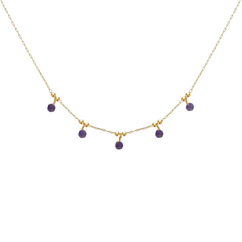 Collier Plaqué Or 5 Perles Facettées d'Améthyste