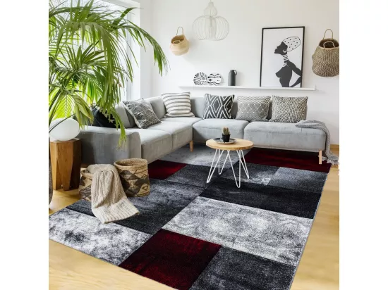 tapis entrée 80x150 tissé rouge et gris clair rectangle motif géométrique