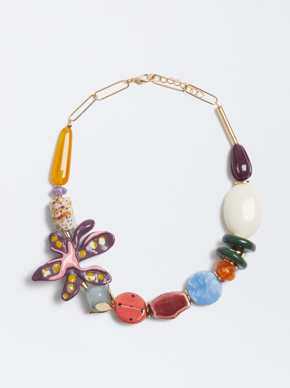 Colar de flores e resina - Multicolorido