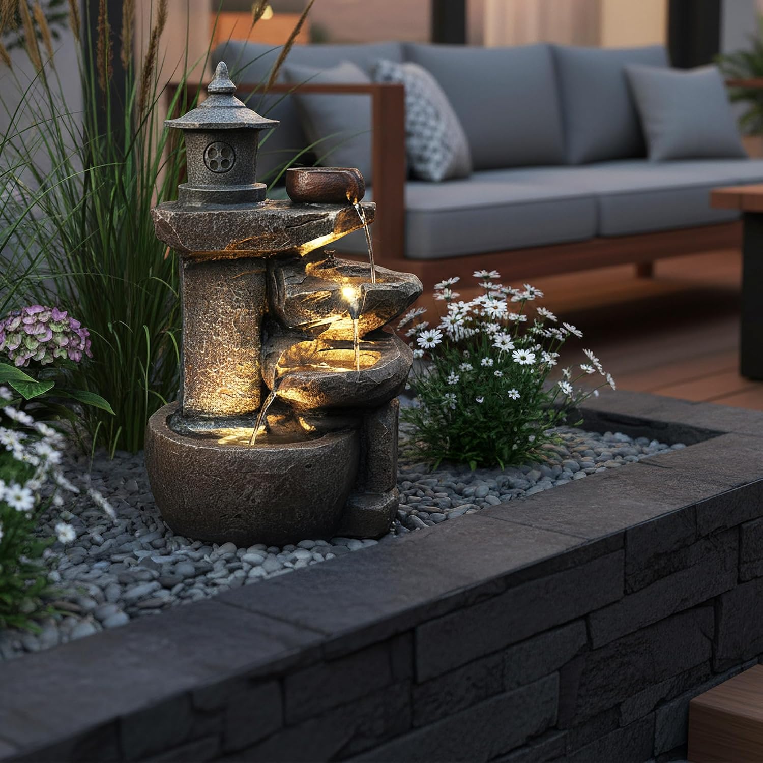 Arnusa Springbrunnen BK851 Wasserfall mit Beleuchtung Gartenbrunnen Zimmerbrunnen Kaskade Brunnen Terrassenbrunnen Dekoration, Braun Grau, 50x30 cm