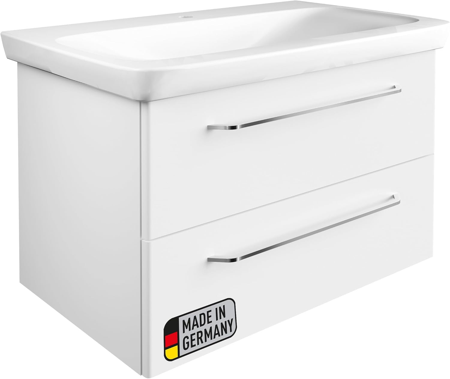 BadeDu NES Badmöbel Set 88cm, Weiß, 2-teilig – Modernes Möbel-Set mit Waschbecken und Unterschrank, Hochglanz Weiß, 2 Schubladen mit Soft-Close System – Made in Germany