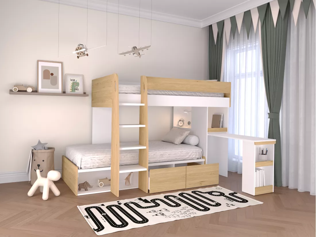 Lits superposés 2 x 90 x 190 cm avec bureau et rangements - Coloris : Naturel et blanc + Matelas - LOMIDEN