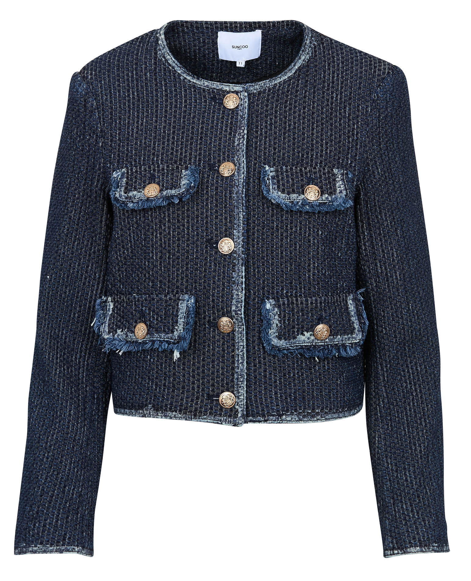 DIANA - Veste droite courte col rond en coton | Bleu