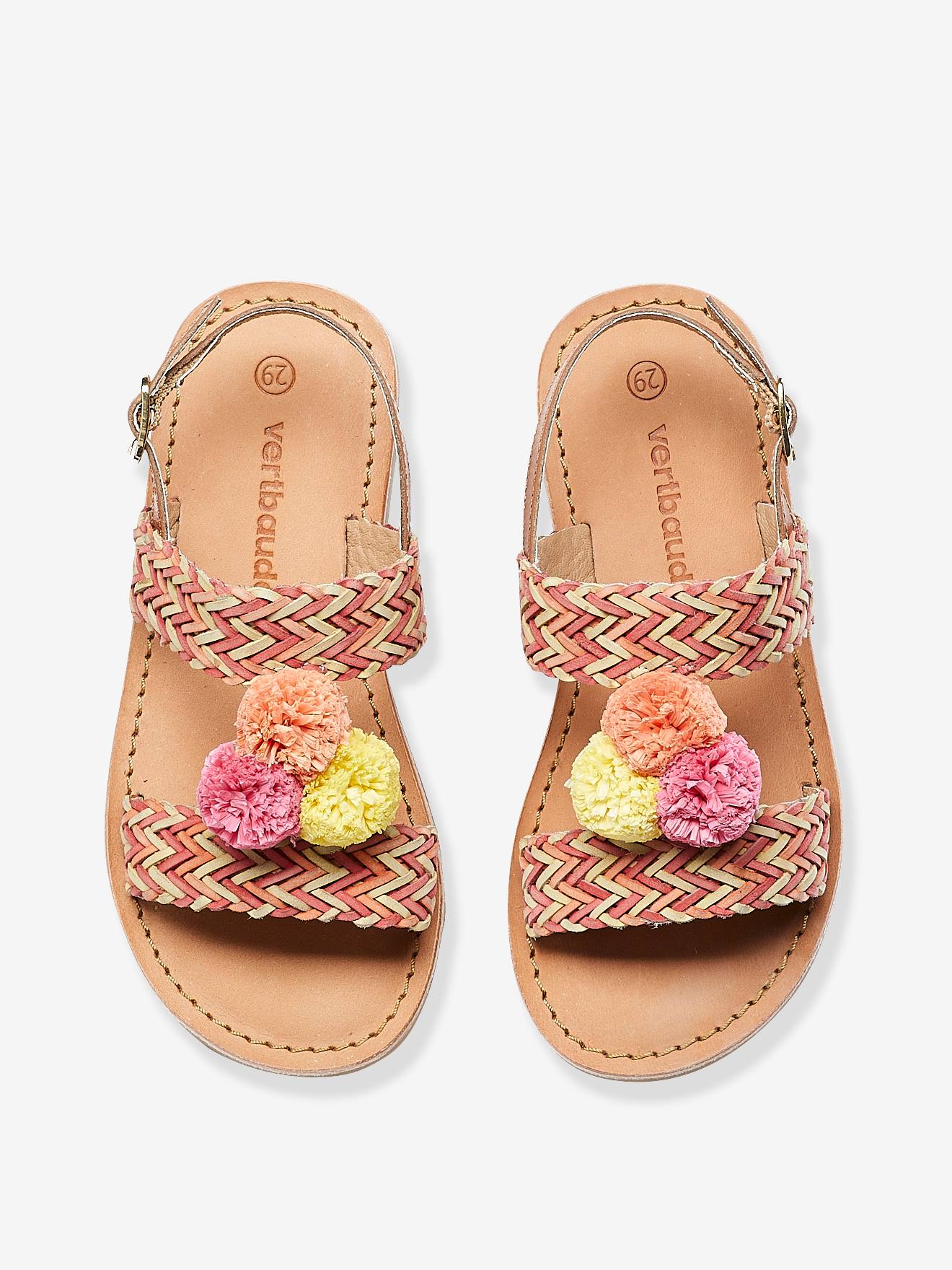 Sandálias de couro para meninas com borlas, rosa médio, lisas com motivos.