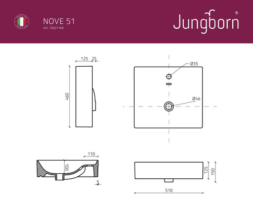 Jungborn wastafel NOVE 51 x 46 cm wit glanzend
