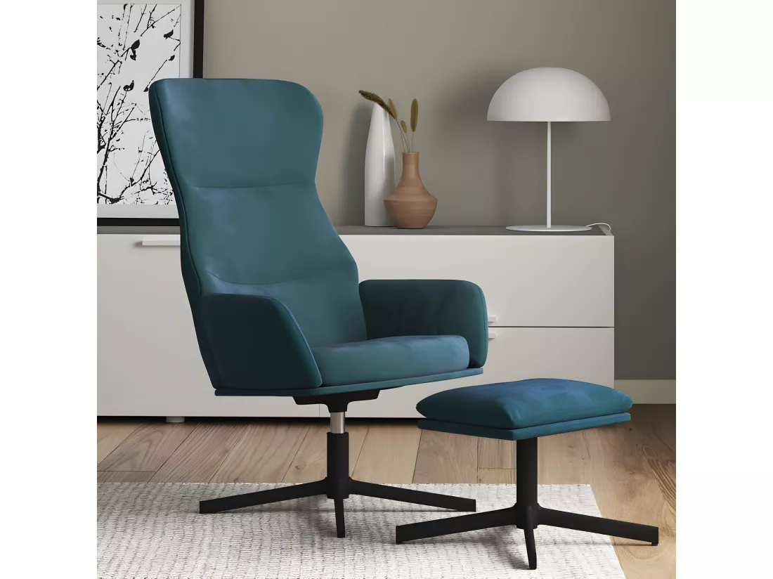 Chaise de relaxation avec tabouret Bleu Velours