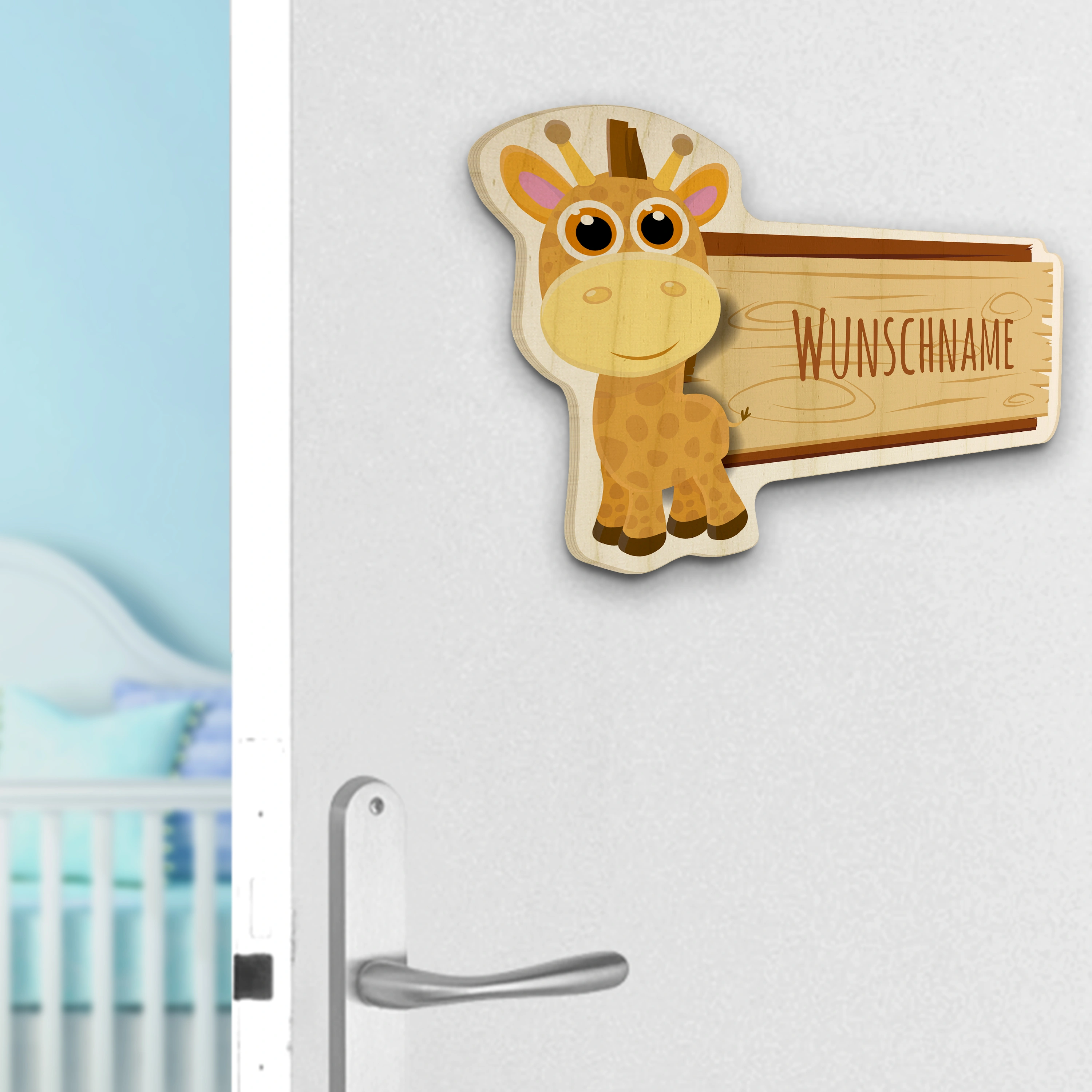 Personalisiertes Holz-Türschild mit Namen (Motiv: Giraffe)