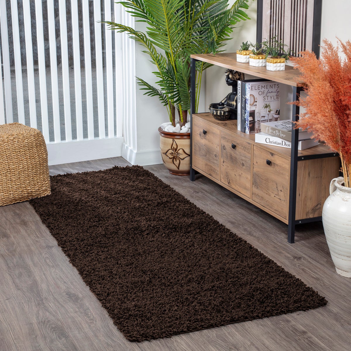 Modern hoogpolig shaggy vloerkleed voor in de hal, donkerbruin, 80x220 cm, LILLY