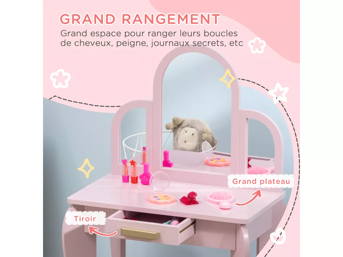 Coiffeuse enfant design girly - tabouret inclus - dim. 52L x 32l x 85H cm - tiroir, 3 miroirs - MDF bois de pin - rose poudré
