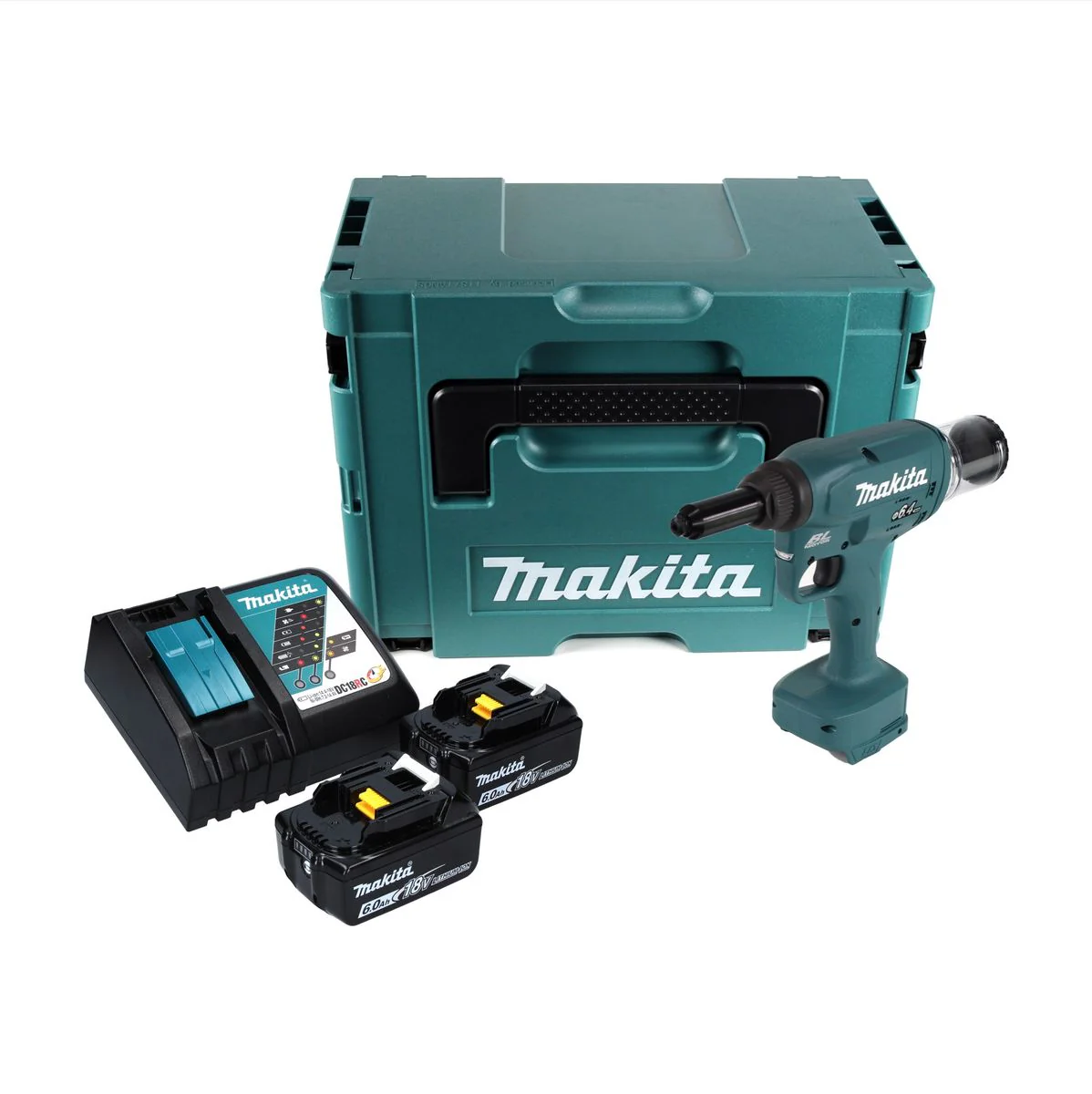 Makita DRV 250 RGJ  Outil de pose de rivets aveugles sans fil 18 V 20 kN brushless + 2x Batteries 6.0 Ah + Chargeur + Makpac