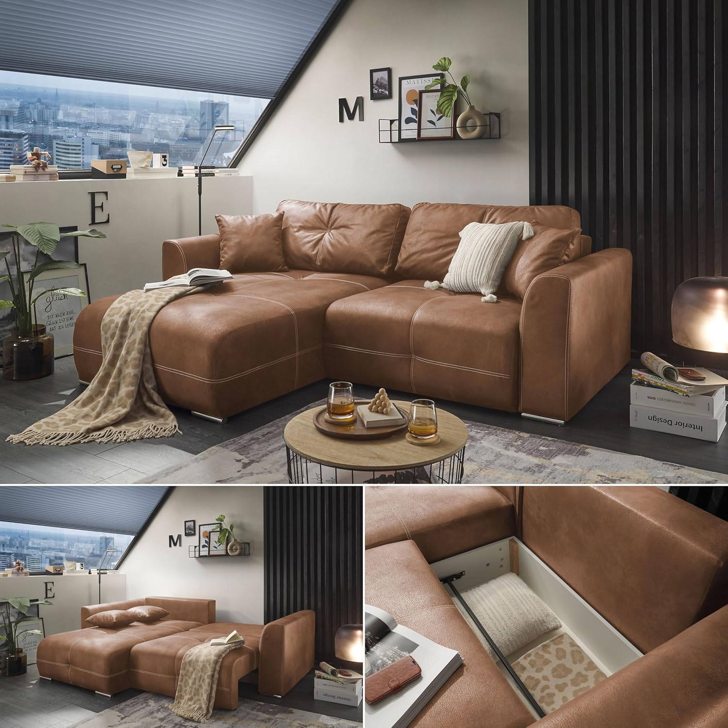 DOLAN Ecksofa mit Schlaffunktion in Lederoptik, Hellbraun - Moderne Eckcouch in L-Form mit Bettkasten - 247 x 90 (70) x 190 cm (B/H/T)