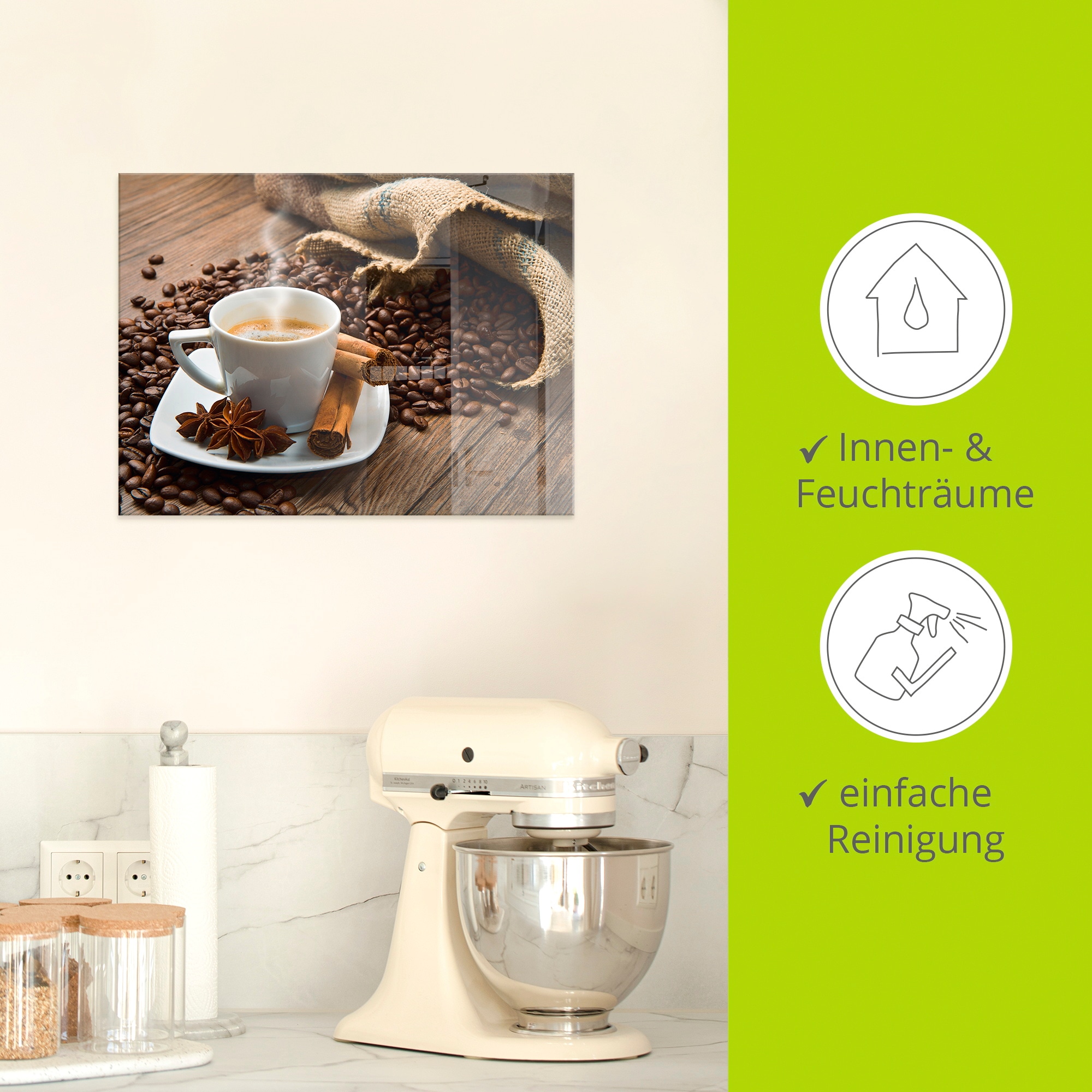 Artland Glasbild »Kaffeetasse Leinensack mit Kaffeebohnen« Getränke 1 Stk. tlg. in verschiedenen Grössen