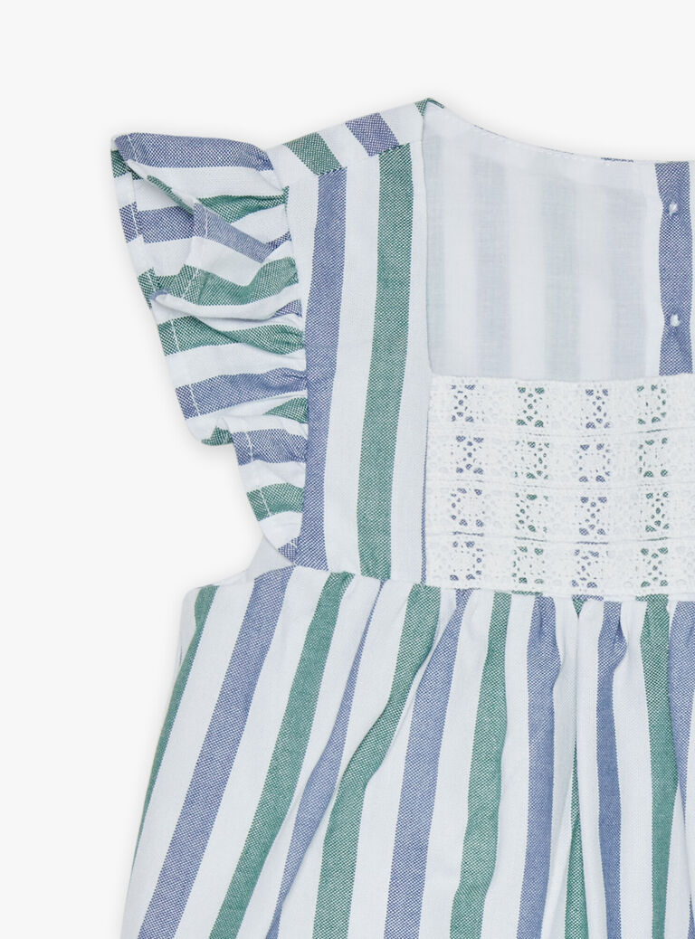 Blouse écrue volantée à rayures bleu et vert