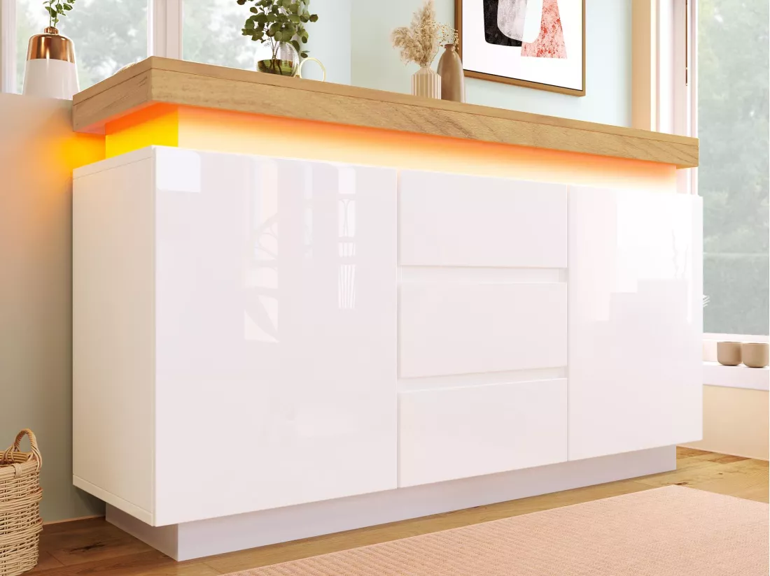 Commode avec LED - 3 tiroirs et 2 portes avec étagères réglables - Blanc