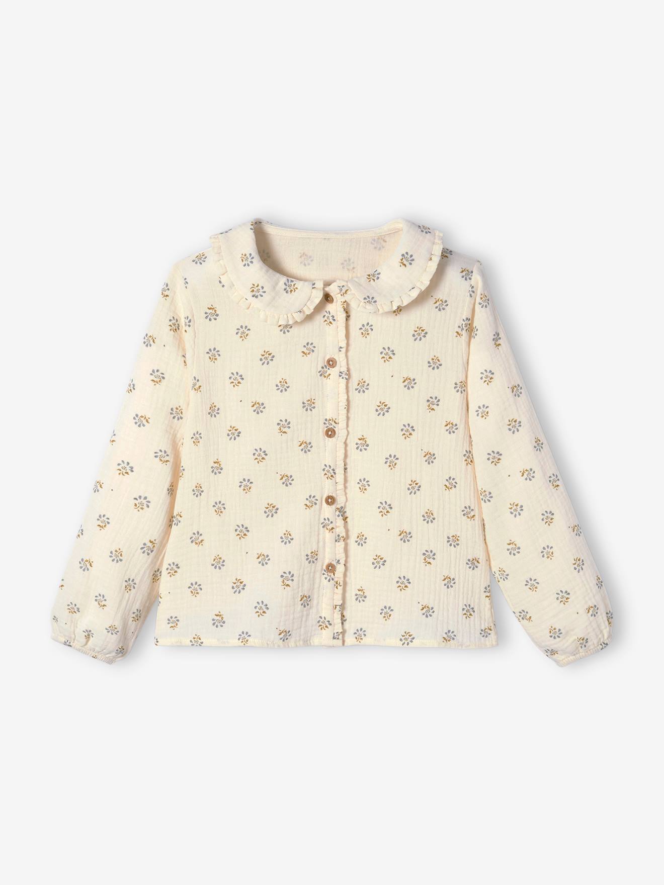 Blusa de chiffon de algodão com detalhes de babados e estampas, para meninas, tamanho médio, estampa branca.
