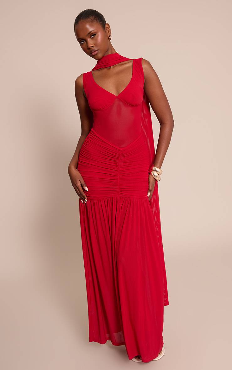 Rouge Robe Longue En Mesh Avec Détail Foulard