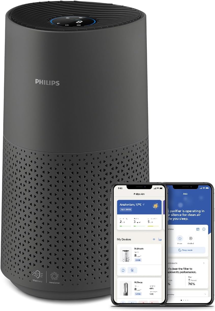 Philips Luftreiniger der Serie 1000i, Entfernt Keime, Staub und Allergene in Räumen bis zu 78 m², Schlafmodus, Grau und Schwarz (AC1715/11)