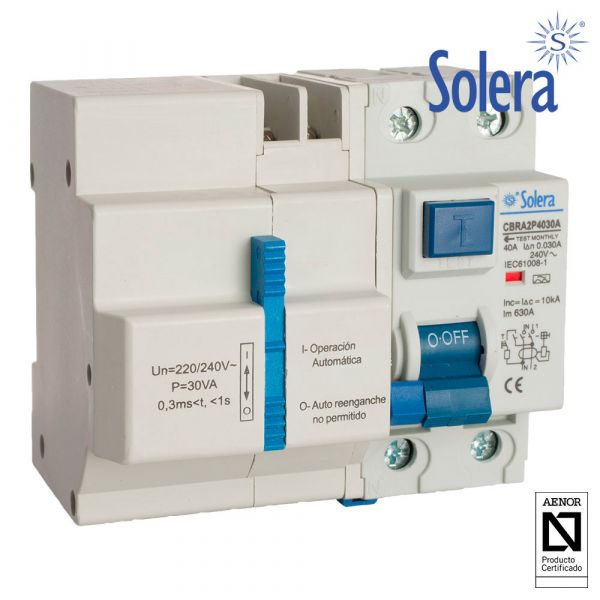 Solera Disjuntor Diferencial 2p 40a 30ma Ac C/rearme Automático com 3 Tempos (retractilado) cbra2p4030a - 02876
