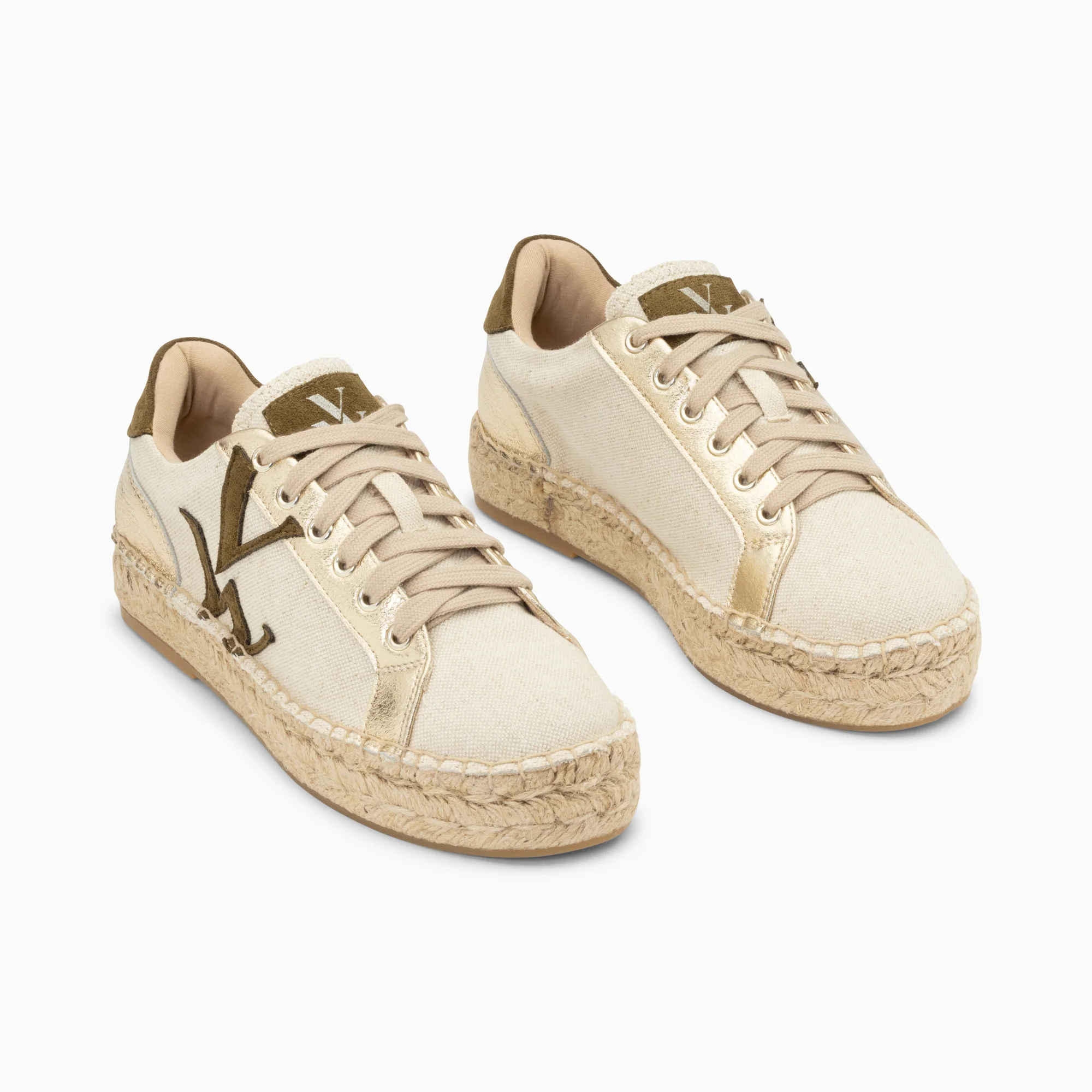 Sneakers-Baskets monogramme Aurore kaki et or à semelle espadrille