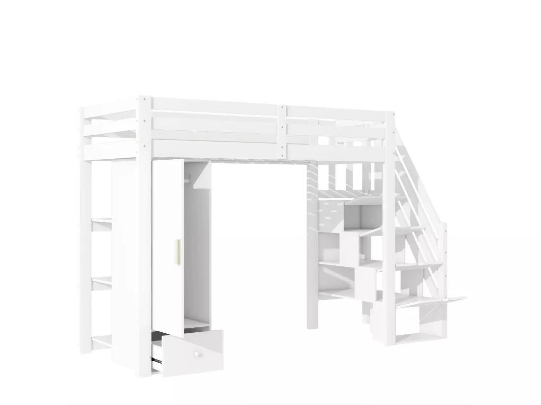 Lit mezzanine 90x200 cm en bois - avec penderie et échelle de rangement - Blanc