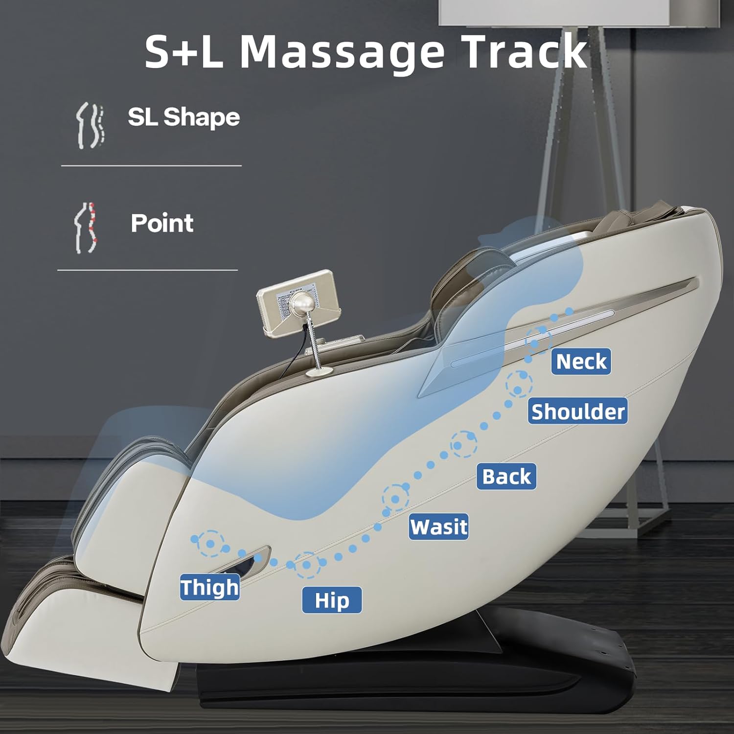 Poltrona de massagem corporal completa MassaMAX 2024, reclinável com gravidade zero, alongamento de ioga, trilho SL, airbags, aquecimento, tela sensível ao toque e massagem nos pés (MD906-Bege)