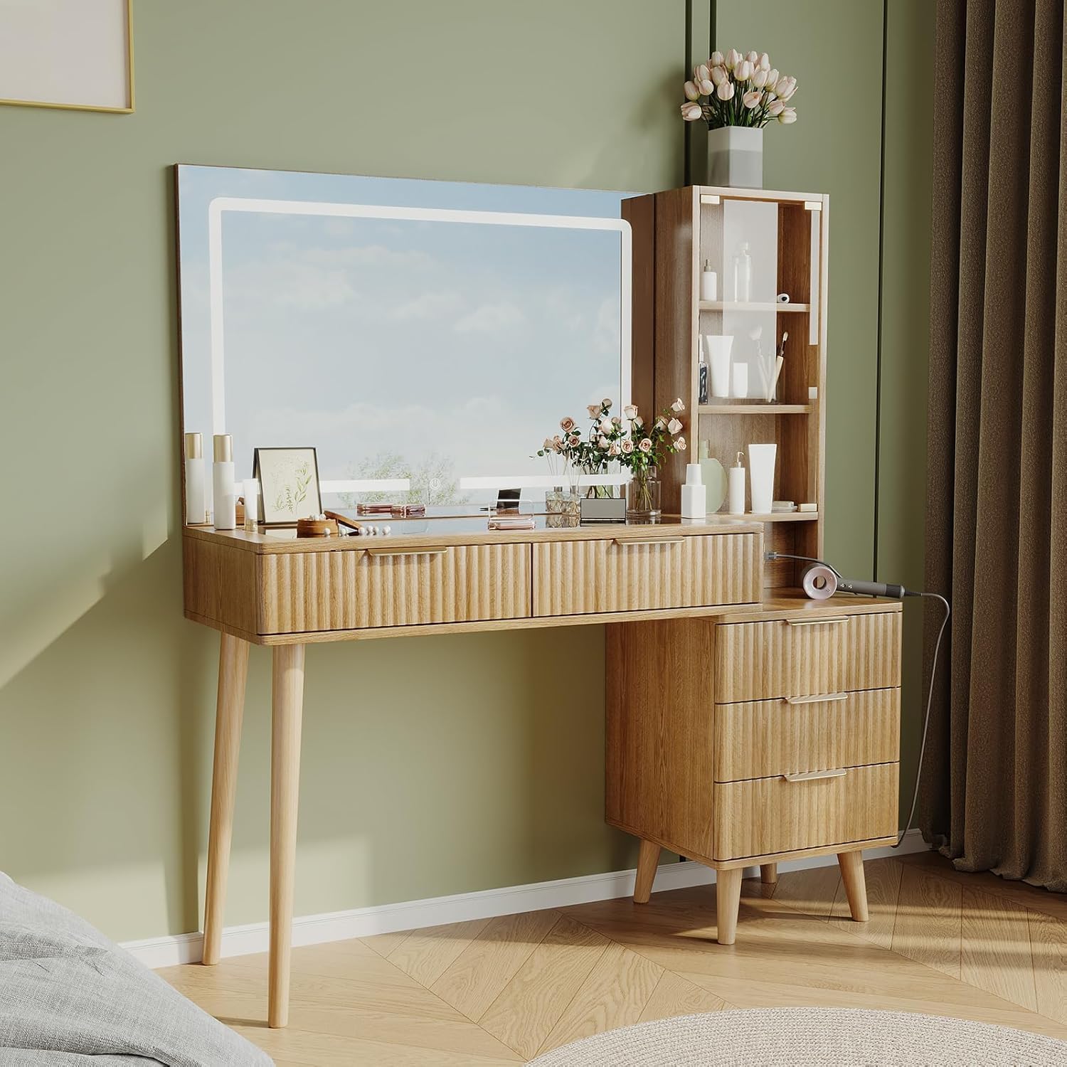 122cm Schminktisch mit 90cm Beleuchtung Spiegel, Holz Schminktische mit 5 Schubladen & Glastür Vitrine & Glas-Tischplatte & Ladestation