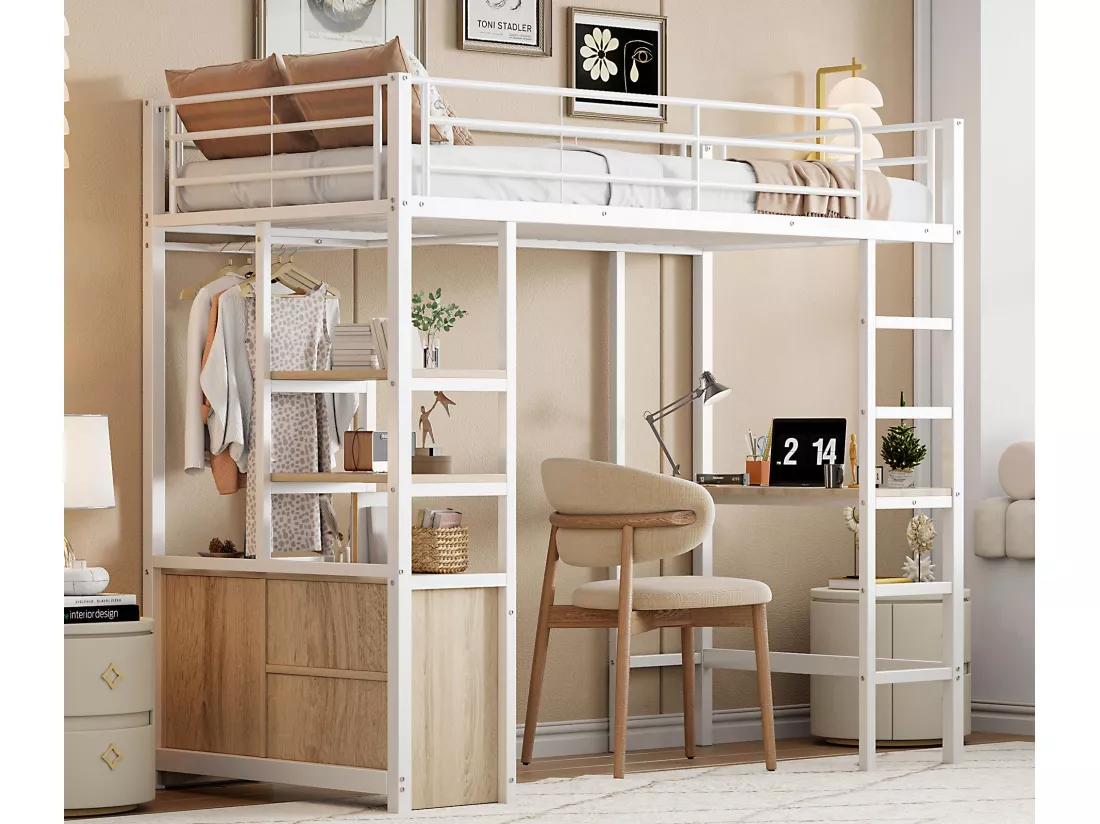 Lit mezzanine 90x200cm en métal - avec bureau + prises USB + barrières - Blanc