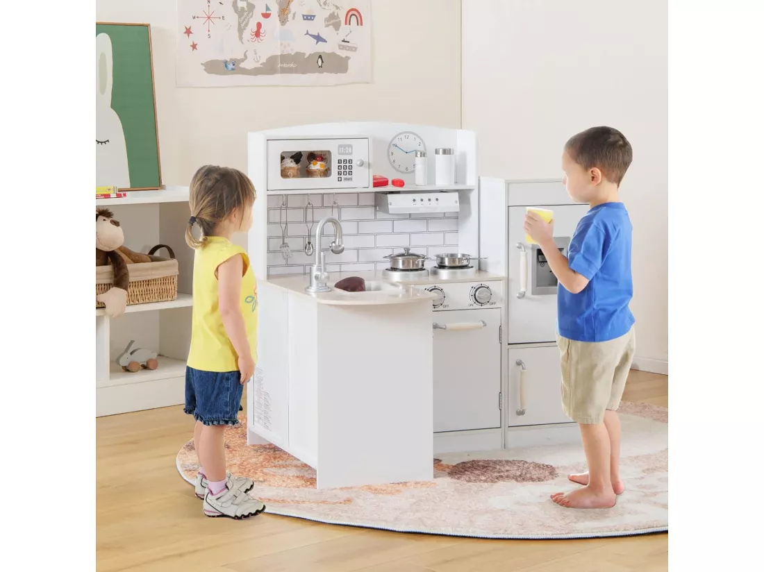 Cuisine d’Angle Enfants avec Réfrigérateur Séparé, Cuisinière de Jeu en Bois avec Distributeur d'eau, Evier, Hotte et Ustensiles, Jouet d’Imitation pour Tout-Petits de 3 Ans+