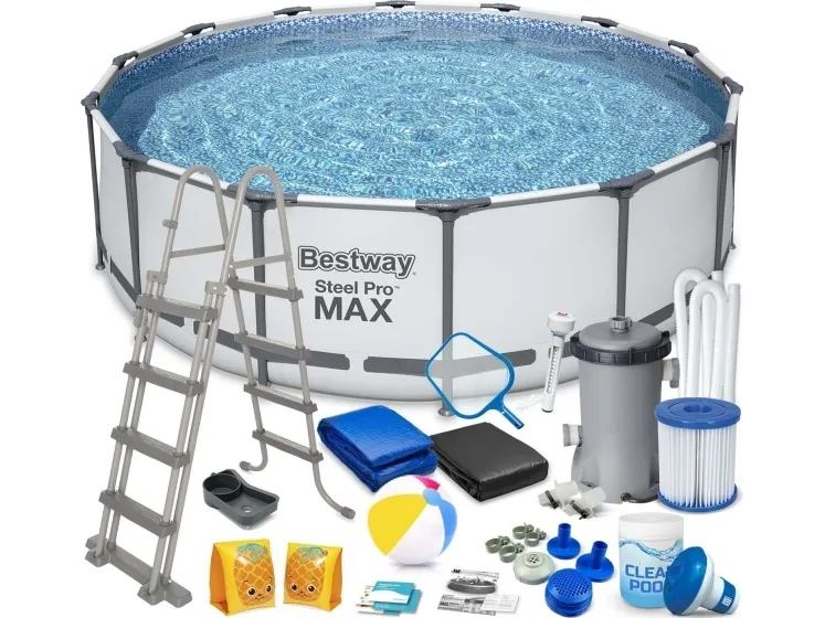 Bestway 5612X, 15232 L, Indrammet pool, Voksen & barn, Stige, Grå, Hvid, 54 kg, Diameter 427 cm, Højde 122 cm