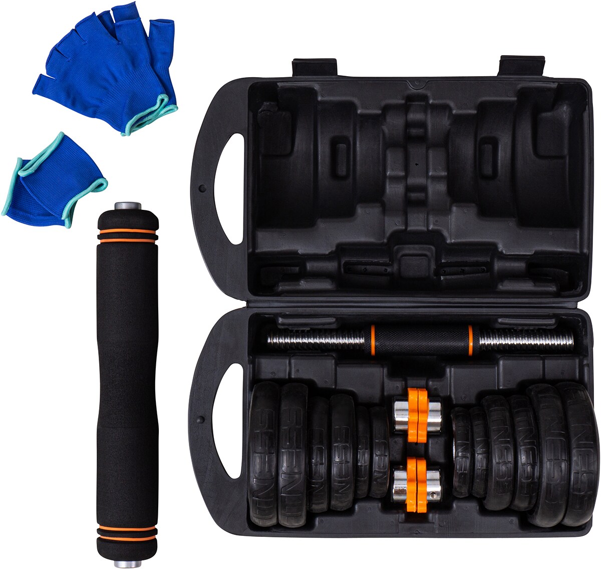 Miweba Sports FED 4in1-Hantelset, Kurzhanteln, Langhantel, Hantelscheiben Stahl, 20/30 kg, Koffer (ohne Kugelhantel-Griffen, 20 Kg schwarz)