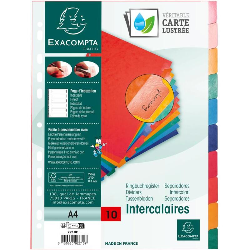 Intercalaires Carte lustrée 225 g avec onglets renforcés - 10 positions - A4