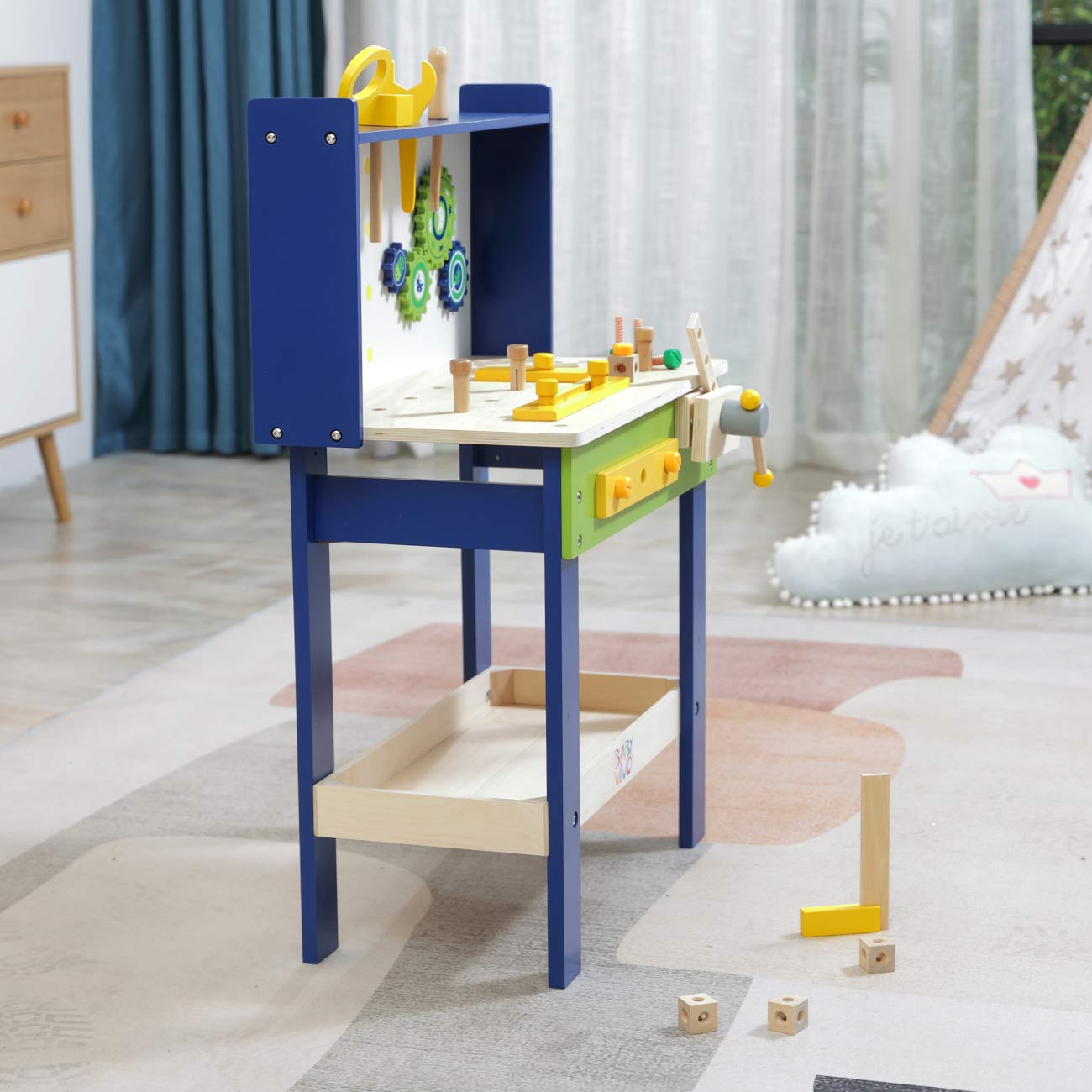 Baby Vivo Spielwerkbank / Werkbank für Kinder aus Holz - Luigi mit drehbaren Zahnrädern und 29 Teilen Zubehör