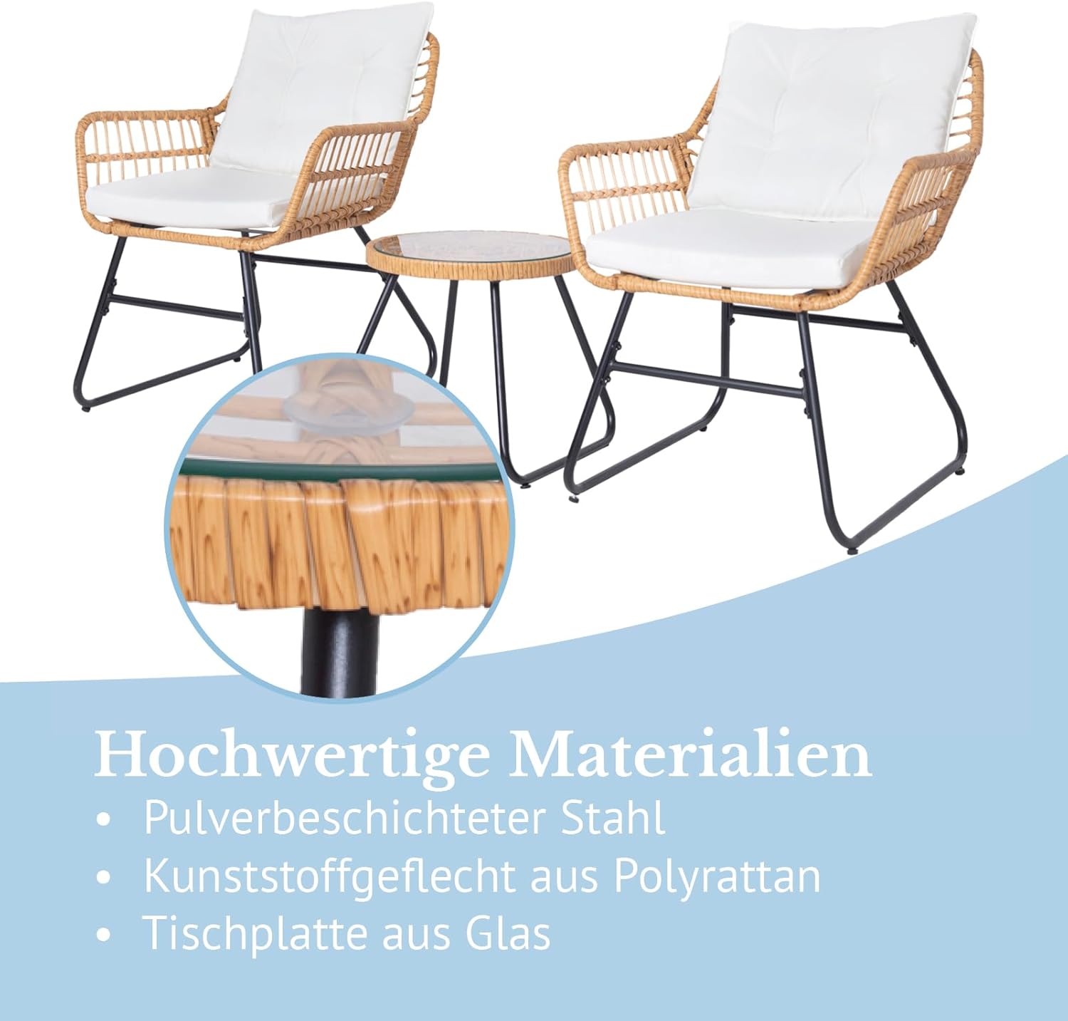 SVITA Amalfi Rattan Sitzgruppe Outdoor Gartenlounge Sitzgruppe 2 Personen Balkonset 3-TLG. Gartenmöbel Set inkl. Kissen Bistroset Polyrattan Natur