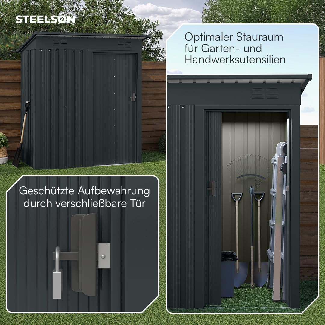 STEELSØN Talonix Gerätehaus Metall – Geräteschuppen mit Pultdach – Gartenhaus 184x85x149cm (HxTxB) – Gartenschuppen Anthrazit – Gartenhütte Zinkstahlrahmen – Gerätehütte rostfrei – Schuppen Garten
