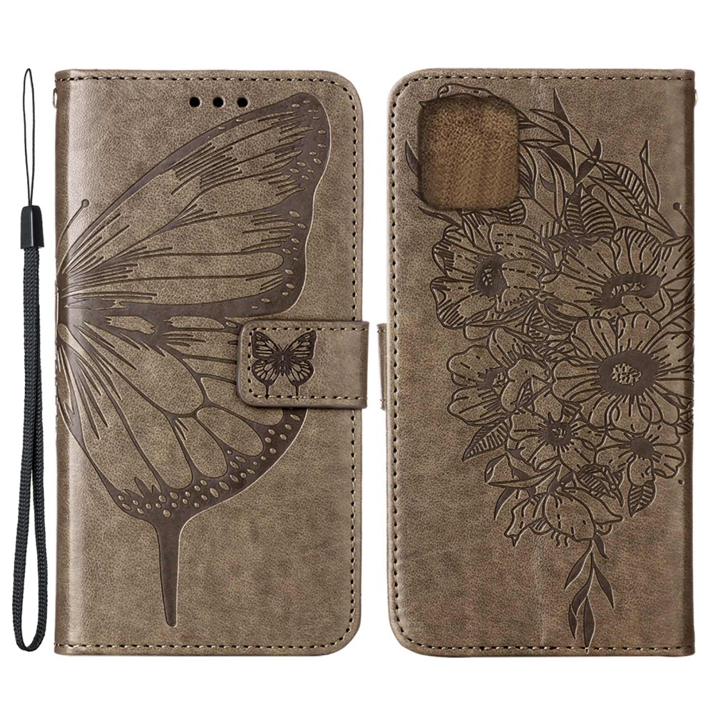 iPhone 13 Pro Leder Tasche mit Kartenfach   Handschlaufe Schmetterling / Blumen - Grau