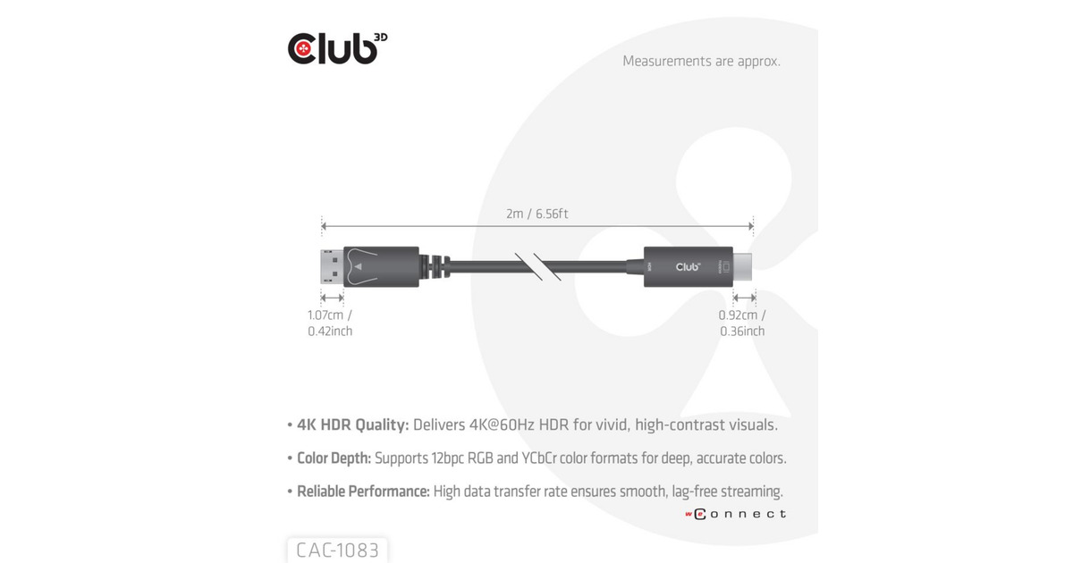 Club 3DDisplayPort 1.4 to HDMI 4K60Hz kabel adapter  (Zwart, HDR M/M 2m)